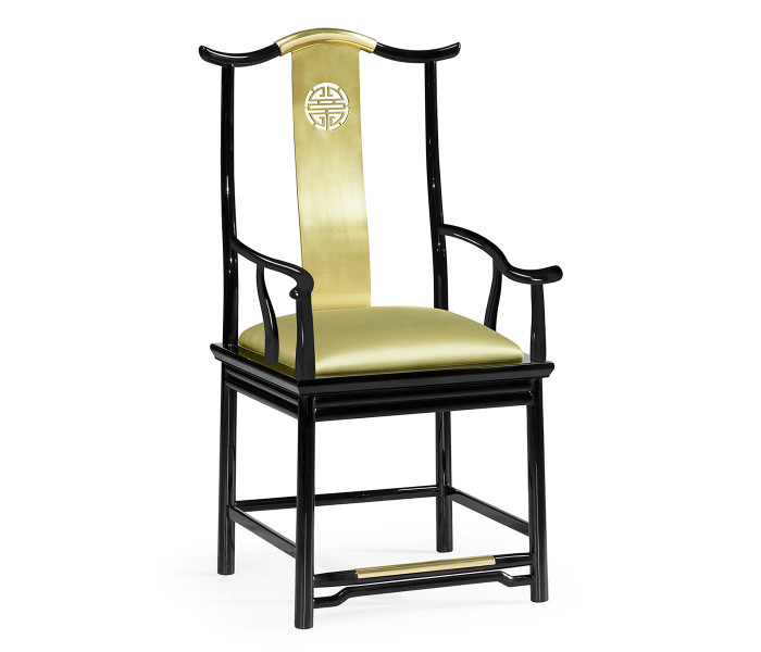 Asian Fusion Black Gloss & Brass Dining Arm Chair, Upholstered in Gold Silk Asian Fusion Black Gloss & Brass Dining Arm Chair, Upholstered in Gold Silk