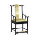 Asian Fusion Black Gloss & Brass Dining Arm Chair, Upholstered in Gold Silk Asian Fusion Black Gloss & Brass Dining Arm Chair, Upholstered in Gold Silk
