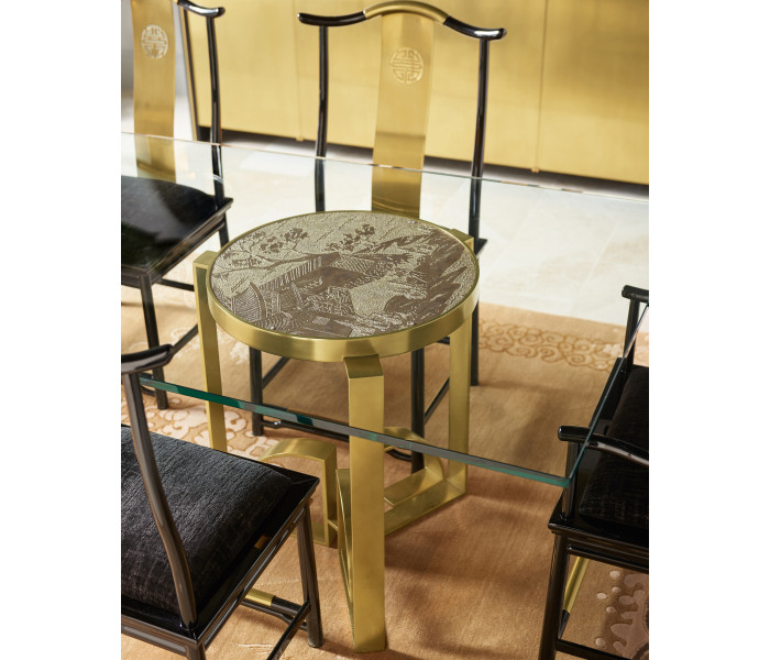 Asian Fusion Black Gloss & Brass Dining Arm Chair, Upholstered in Gold Silk Asian Fusion Black Gloss & Brass Dining Arm Chair, Upholstered in Gold Silk