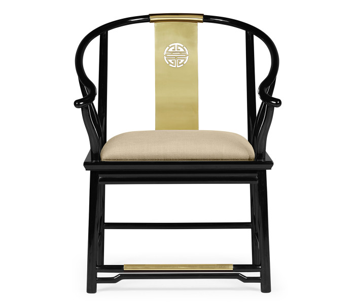 Asian Fusion Rounded Black Gloss & Brass Dining Arm Chair, Upholstered in MAZO Asian Fusion Rounded Black Gloss & Brass Dining Arm Chair, Upholstered in MAZO