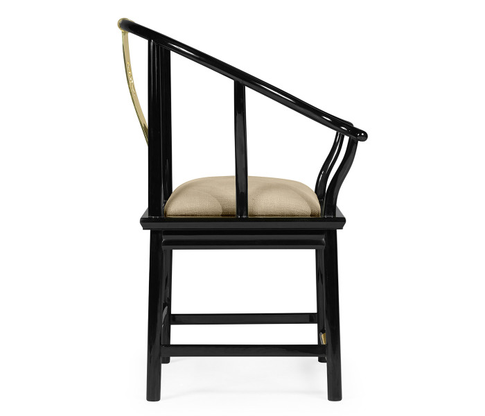 Asian Fusion Rounded Black Gloss & Brass Dining Arm Chair, Upholstered in MAZO Asian Fusion Rounded Black Gloss & Brass Dining Arm Chair, Upholstered in MAZO