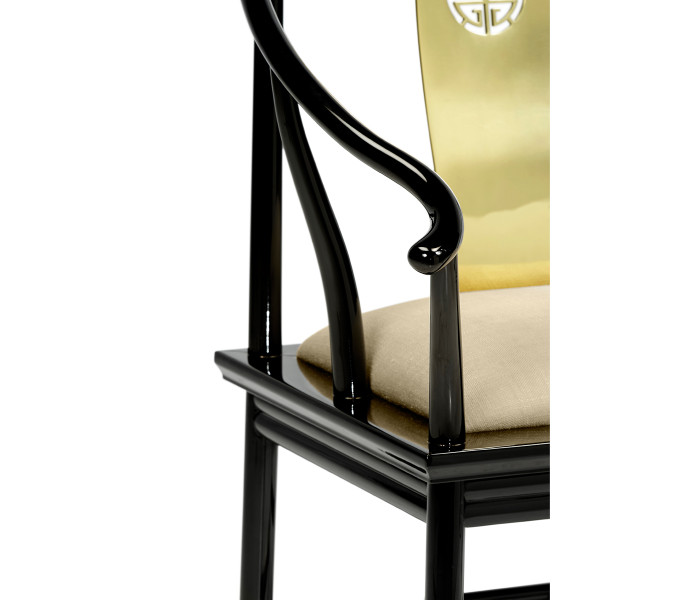 Asian Fusion Rounded Black Gloss & Brass Dining Arm Chair, Upholstered in MAZO Asian Fusion Rounded Black Gloss & Brass Dining Arm Chair, Upholstered in MAZO