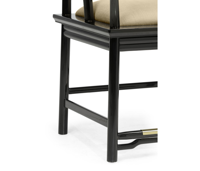 Asian Fusion Rounded Black Gloss & Brass Dining Arm Chair, Upholstered in MAZO