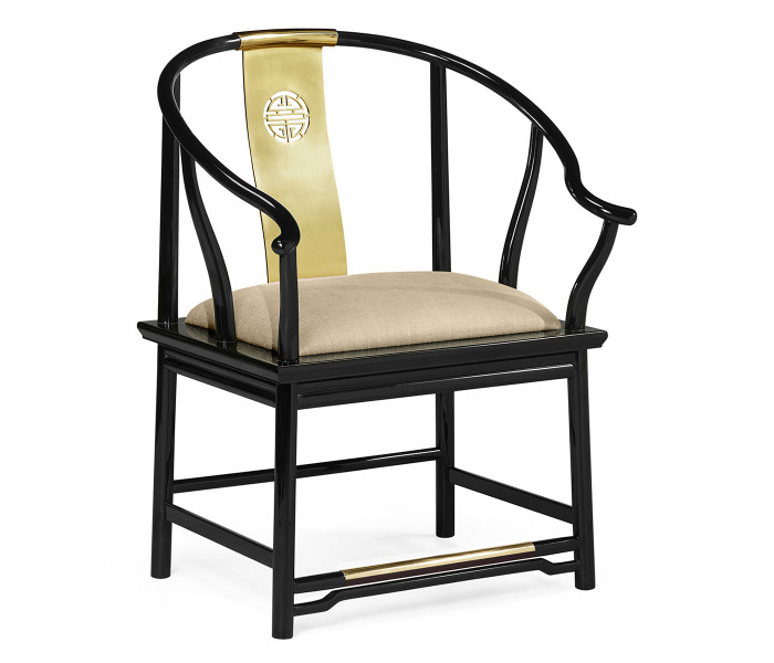 Asian Fusion Rounded Black Gloss & Brass Dining Arm Chair, Upholstered in MAZO