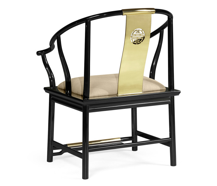 Asian Fusion Rounded Black Gloss & Brass Dining Arm Chair, Upholstered in MAZO Asian Fusion Rounded Black Gloss & Brass Dining Arm Chair, Upholstered in MAZO