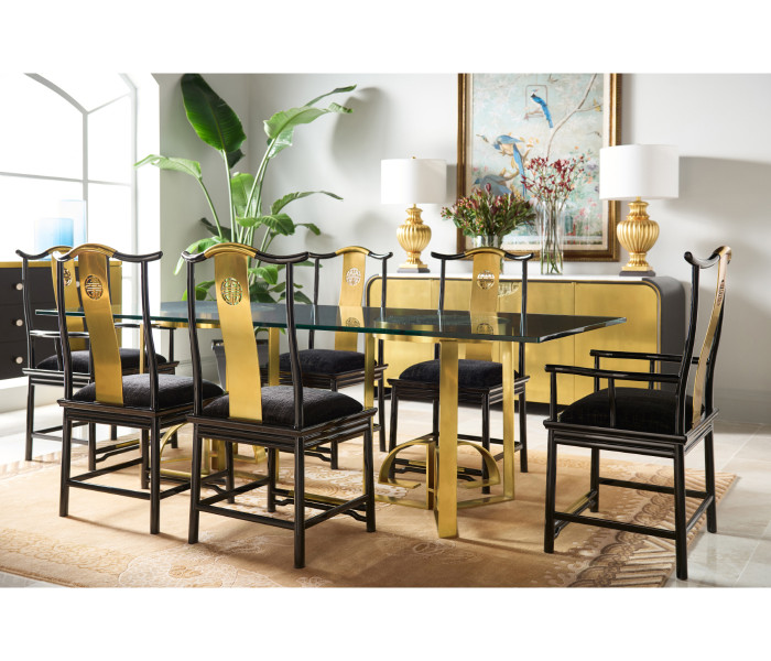 Asian Fusion Rounded Black Gloss & Brass Dining Arm Chair, Upholstered in MAZO Asian Fusion Rounded Black Gloss & Brass Dining Arm Chair, Upholstered in MAZO