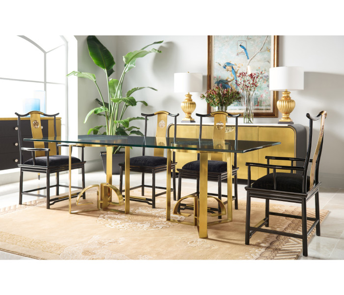 Asian Fusion Rounded Black Gloss & Brass Dining Arm Chair, Upholstered in MAZO Asian Fusion Rounded Black Gloss & Brass Dining Arm Chair, Upholstered in MAZO