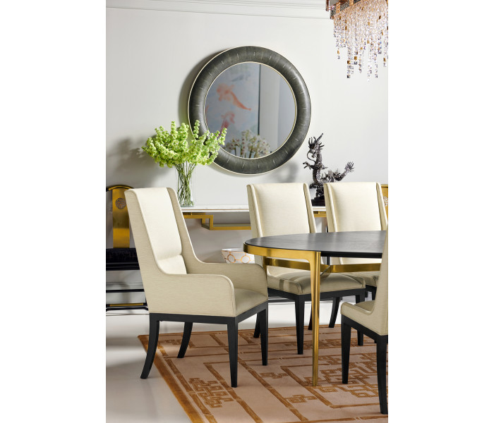 Asian Fusion Rounded Black Gloss & Brass Dining Arm Chair, Upholstered in MAZO Asian Fusion Rounded Black Gloss & Brass Dining Arm Chair, Upholstered in MAZO