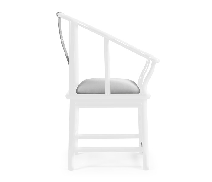 Asian Fusion Rounded White Gloss & Stainless Steel Dining Arm Chair, Upholstered in Silver Silk