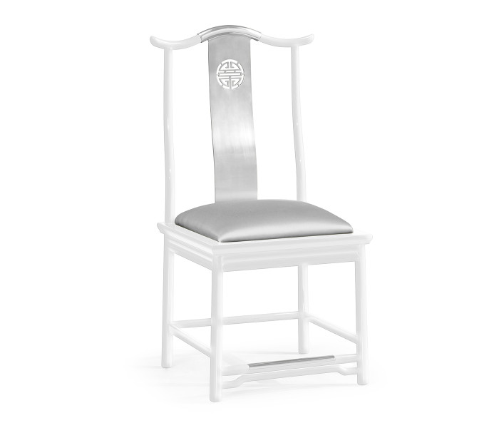 Asian Fusion White Gloss & Stainless Steel Dining Side Chair, Upholstered in Silver Silk