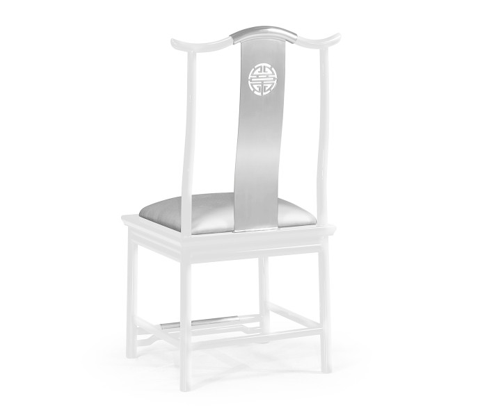 Asian Fusion White Gloss & Stainless Steel Dining Side Chair, Upholstered in Silver Silk