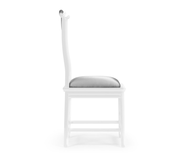 Asian Fusion White Gloss & Stainless Steel Dining Side Chair, Upholstered in Silver Silk