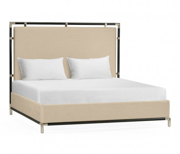 Campaign Style Ebonised Oak Cali King Bed, Upholstered in MAZO