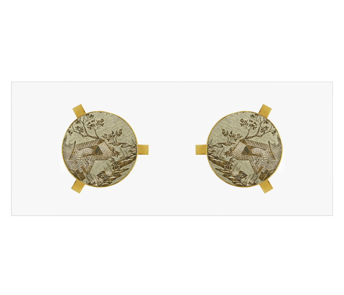 87" Fusion Rectangular Chinoiserie Antique Etched Brass Dining Table with Clear Glass Top