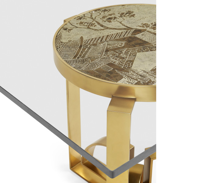 87" Fusion Rectangular Chinoiserie Antique Etched Brass Dining Table with Clear Glass Top