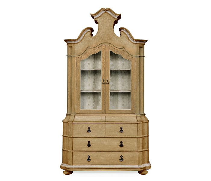 Oulton Vintage Oak Cabinet with Glass Doors & Wooden Shelves