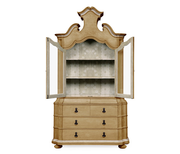 Oulton Vintage Oak Cabinet with Glass Doors & Wooden Shelves