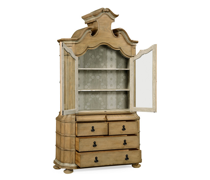 Oulton Vintage Oak Cabinet with Glass Doors & Wooden Shelves