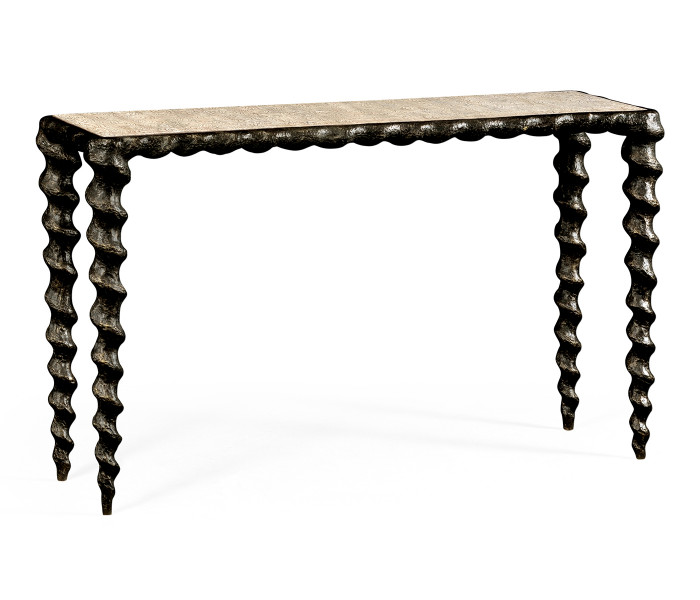 Karinta Antique Brass Console Table with Oyster Veneer Top