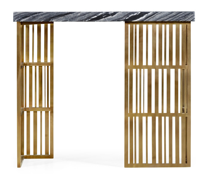 Rectangular Brass Console Table with a Grey Marble Top