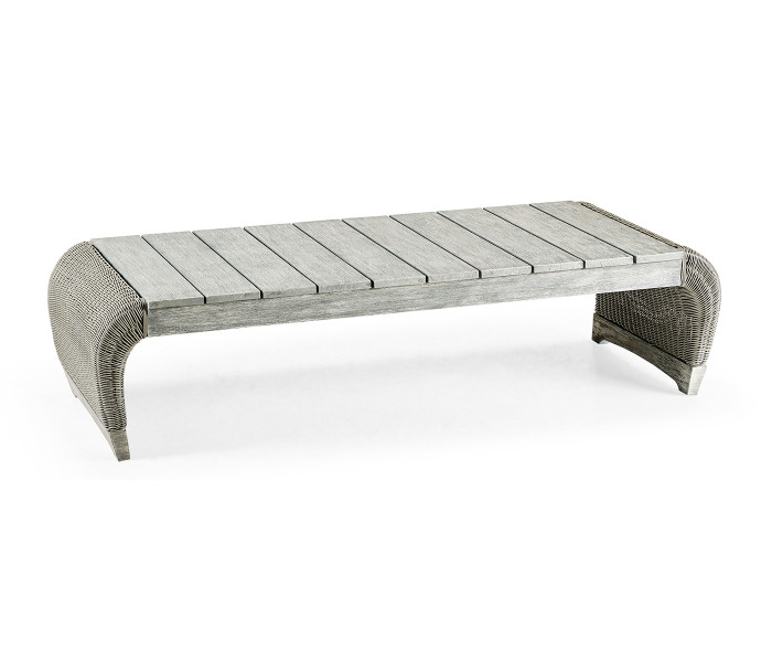 Rectangular Cloudy Grey & Rattan Cocktail Table with Curved Ends