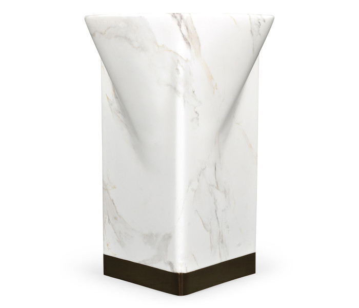 Round to L-Shape Faux White & Grey Marble End Table