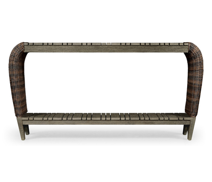 Rectangular Grey & Rattan Console Table with Curved Ends