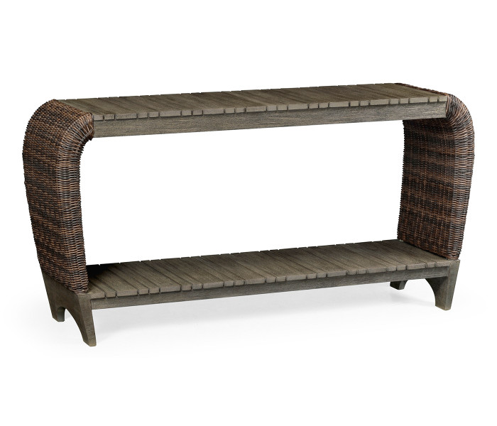 Rectangular Grey & Rattan Console Table with Curved Ends