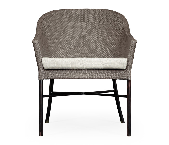 Rounded Back Mocha Steel & Dark Grey Rattan Dining Chair with Cushion, Upholstered in Standard Outdoor Fabric