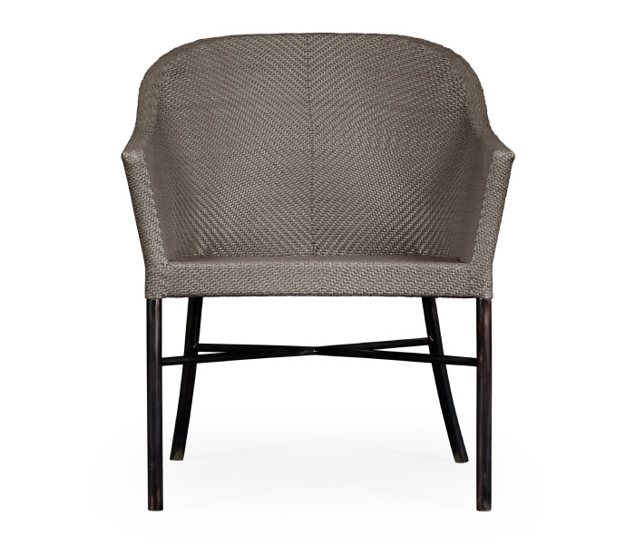 Rounded Back Mocha Steel & Dark Grey Rattan Dining Chair with Cushion, Upholstered in Standard Outdoor Fabric