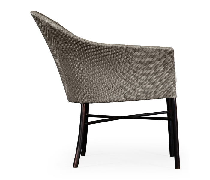 Rounded Back Mocha Steel & Dark Grey Rattan Dining Chair with Cushion, Upholstered in Standard Outdoor Fabric
