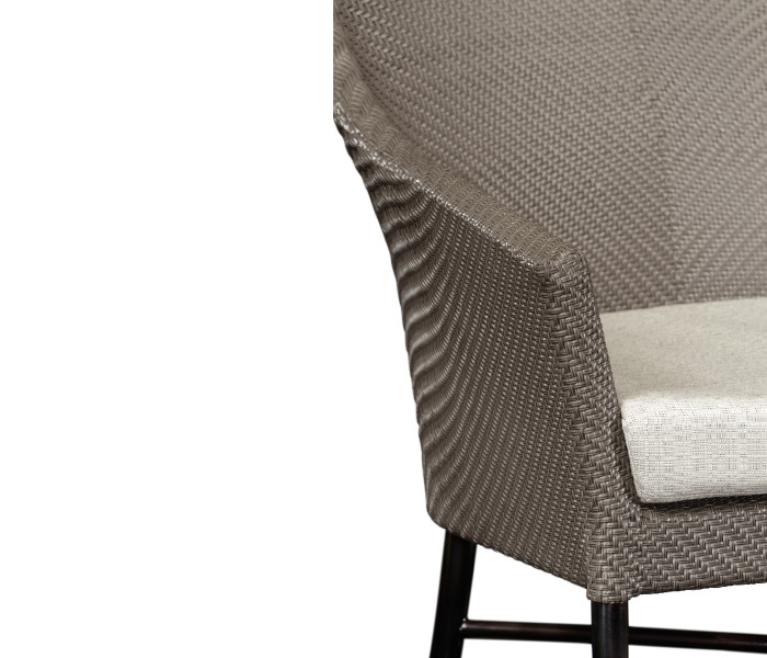 Rounded Back Mocha Steel & Dark Grey Rattan Dining Chair with Cushion, Upholstered in Standard Outdoor Fabric