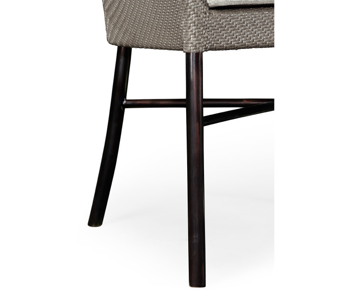 Rounded Back Mocha Steel & Dark Grey Rattan Dining Chair with Cushion, Upholstered in Standard Outdoor Fabric