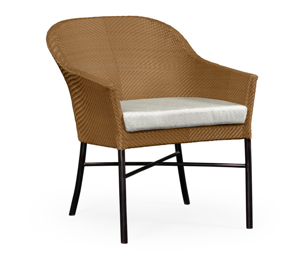 Rounded Back Mocha Steel & Tan Rattan Dining Chair with Cushion, Upholstered in Standard Outdoor Fabric