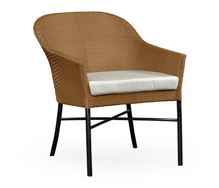 Rounded Back Mocha Steel & Tan Rattan Dining Chair with Cushion, Upholstered in Standard Outdoor Fabric