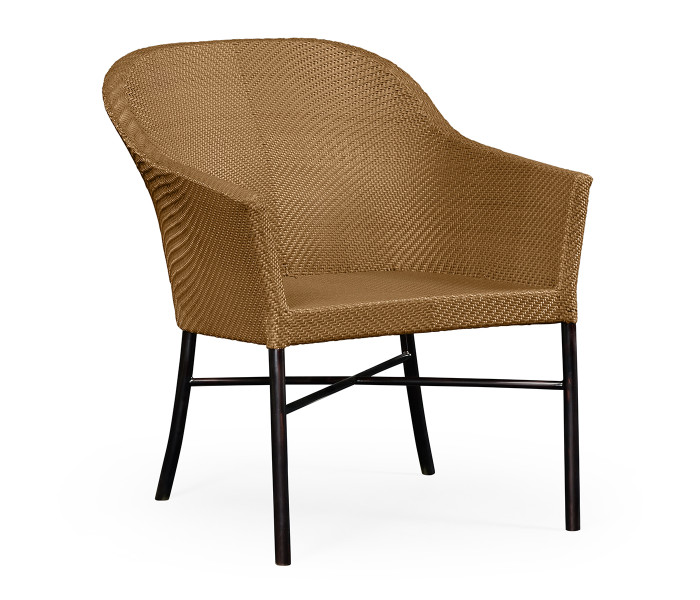 Rounded Back Mocha Steel & Tan Rattan Dining Chair with Cushion, Upholstered in Standard Outdoor Fabric