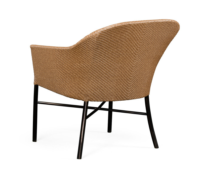Rounded Back Mocha Steel & Tan Rattan Dining Chair with Cushion, Upholstered in Standard Outdoor Fabric