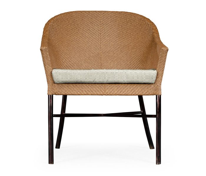 Rounded Back Mocha Steel & Tan Rattan Dining Chair with Cushion, Upholstered in Standard Outdoor Fabric