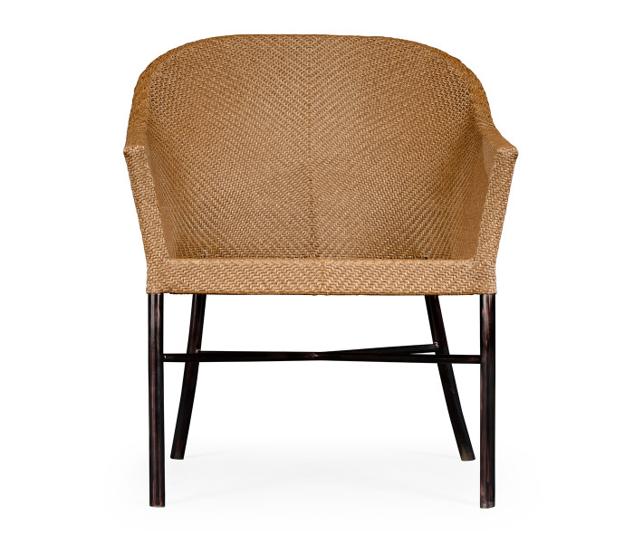Rounded Back Mocha Steel & Tan Rattan Dining Chair with Cushion, Upholstered in Standard Outdoor Fabric