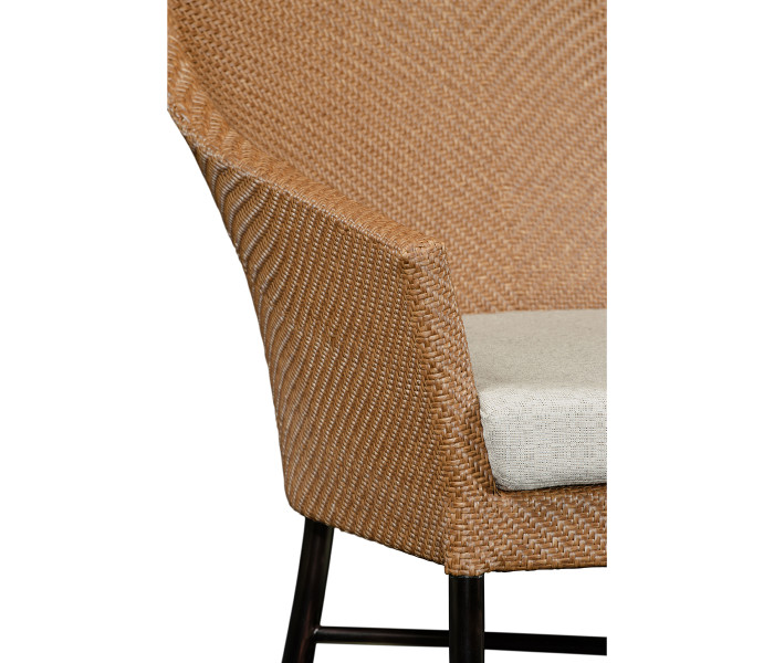 Rounded Back Mocha Steel & Tan Rattan Dining Chair with Cushion, Upholstered in Standard Outdoor Fabric