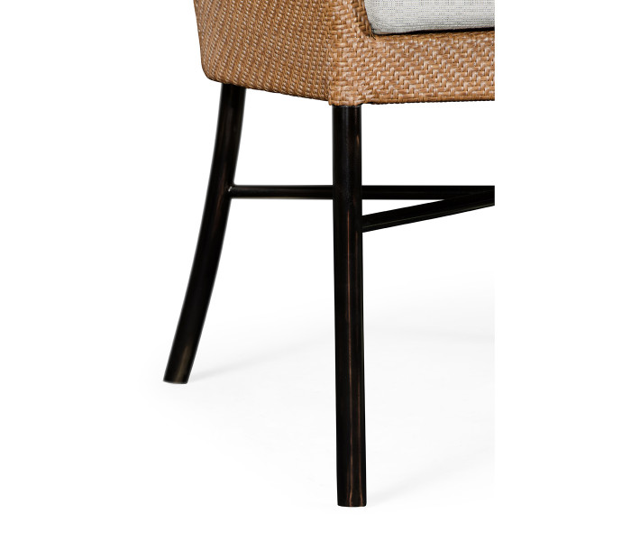 Rounded Back Mocha Steel & Tan Rattan Dining Chair with Cushion, Upholstered in Standard Outdoor Fabric