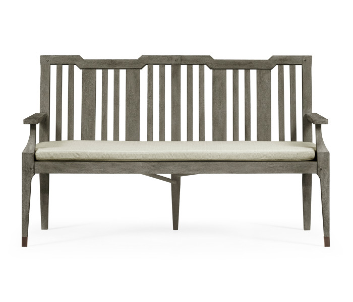 Grey Garden Bench with Cushion & Pillows, Upholstered in Standard Outdoor Fabric