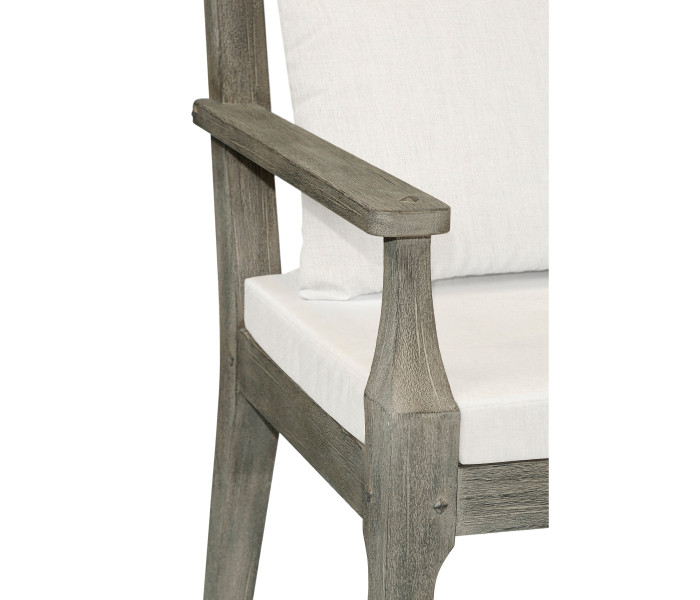 Grey Garden Bench with Cushion & Pillows, Upholstered in Standard Outdoor Fabric