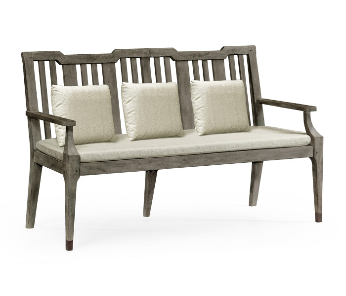 Grey Garden Bench with Cushion & Pillows, Upholstered in Standard Outdoor Fabric