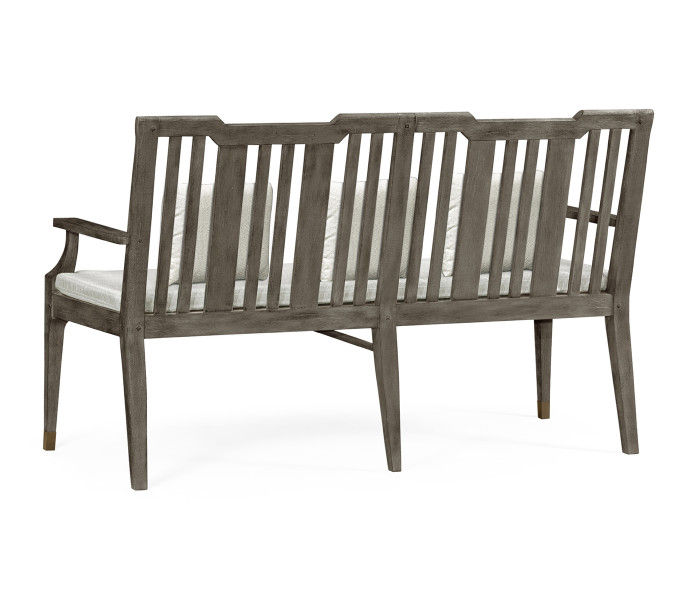 Grey Garden Bench with Cushion & Pillows, Upholstered in Standard Outdoor Fabric