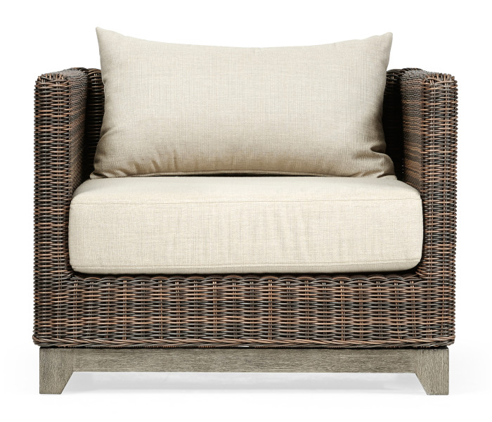 34" Grey & Rattan Sofa Chair, Upholstered in Standard Outdoor Fabric