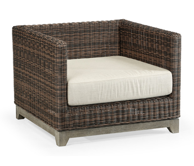 34" Grey & Rattan Sofa Chair, Upholstered in Standard Outdoor Fabric