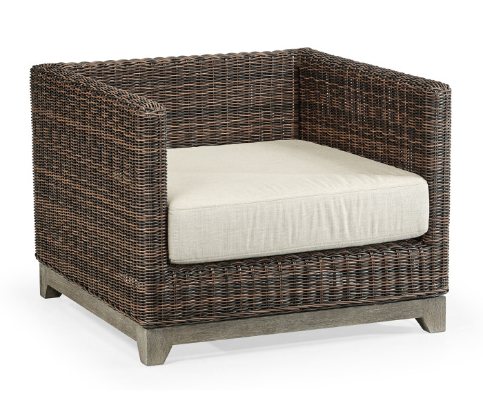 34" Grey & Rattan Sofa Chair, Upholstered in Standard Outdoor Fabric