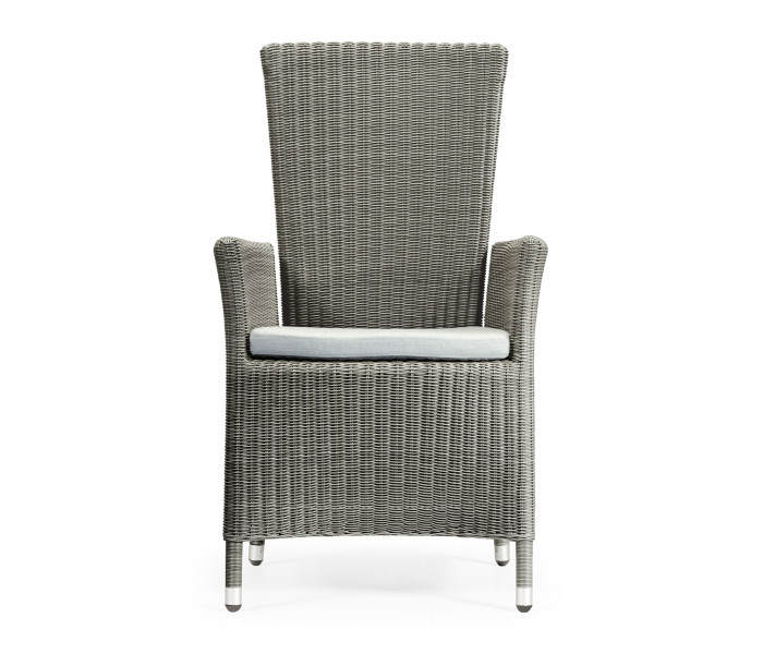 Grey Wicker Rattan Dining Chair with Reclining Back, Upholstered in COM