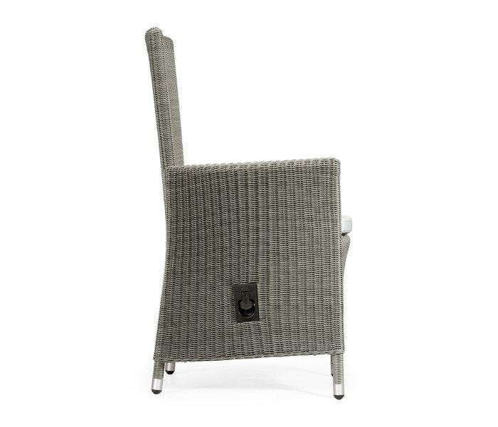 Grey Wicker Rattan Dining Chair with Reclining Back, Upholstered in COM